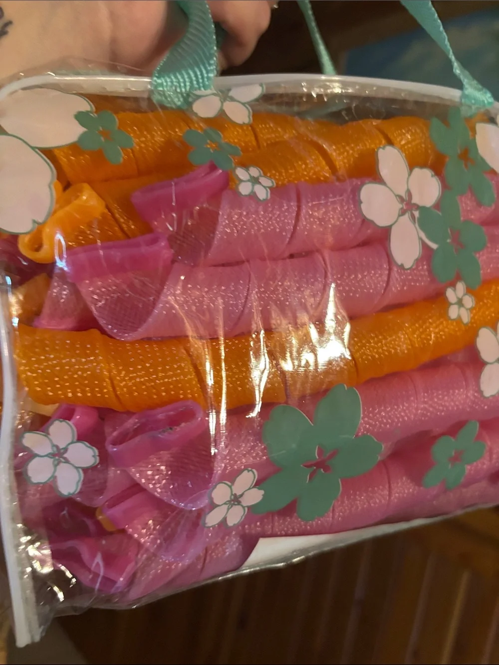 Clear Floral Tote Bag - Pink & Orange curlers